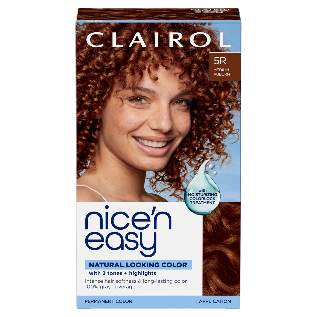 Clairol Nice'n Easy front packaging showing shade 5R Medium Auburn and benefits