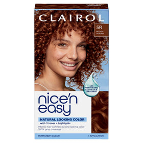 Clairol Nice'n Easy front packaging showing shade 5R Medium Auburn and benefits