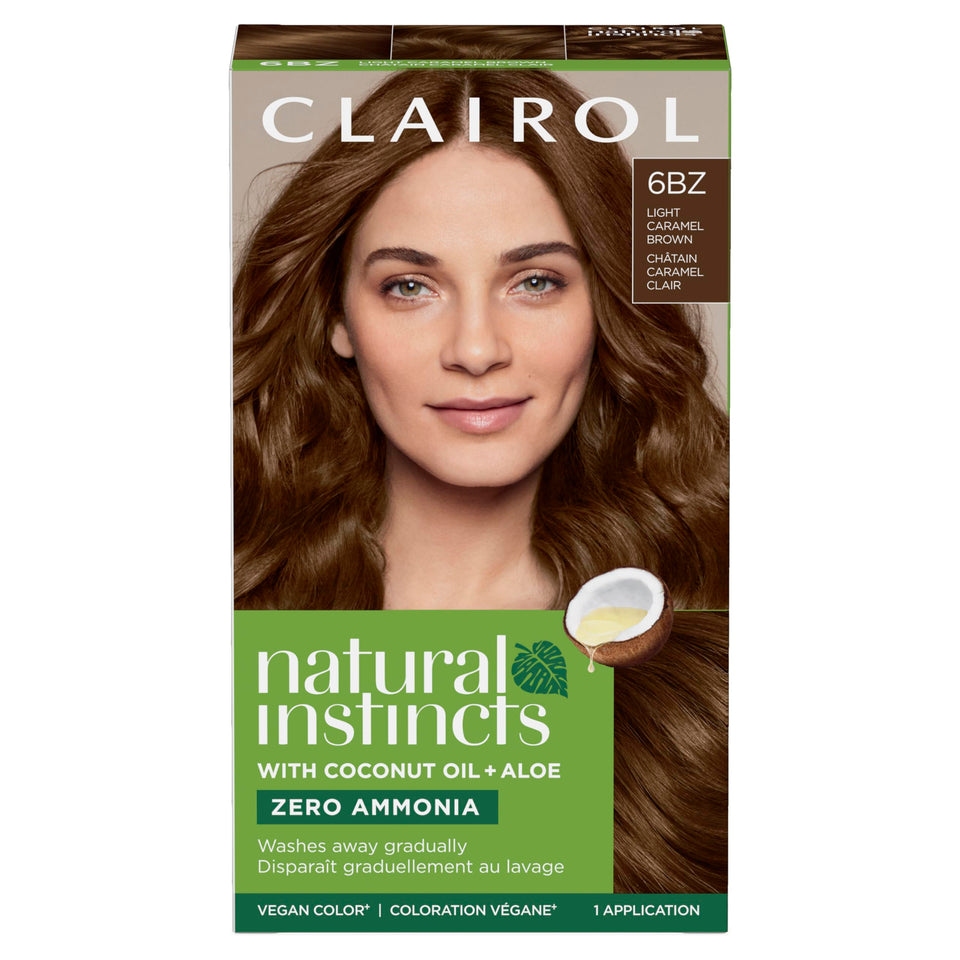 Clairol box front showing 6BZ Light Caramel Brown and clear benefits