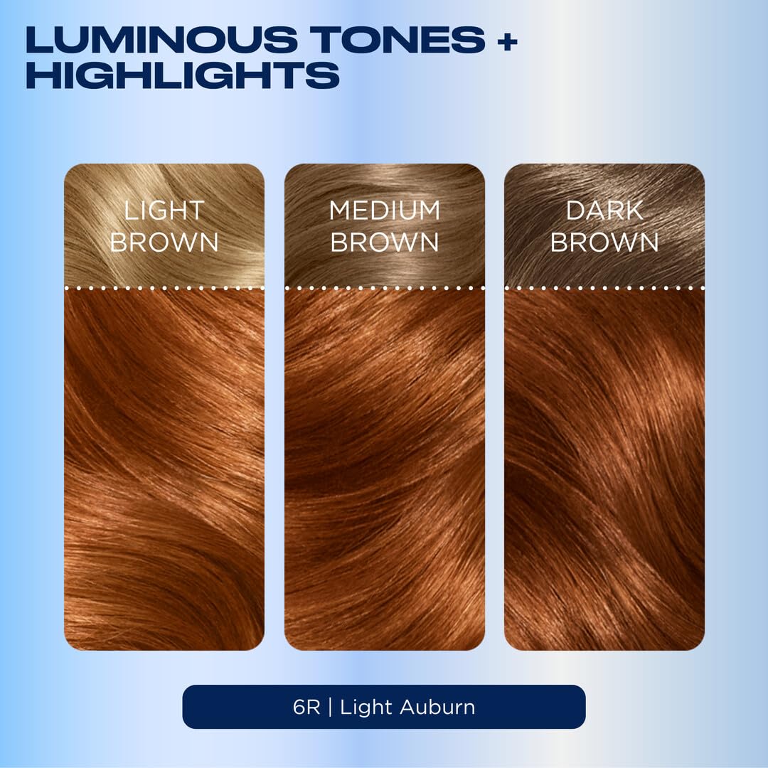 Clairol model with 6R Light Auburn smiling, demonstrating warm auburn results
