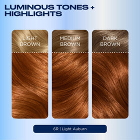 Clairol model with 6R Light Auburn smiling, demonstrating warm auburn results