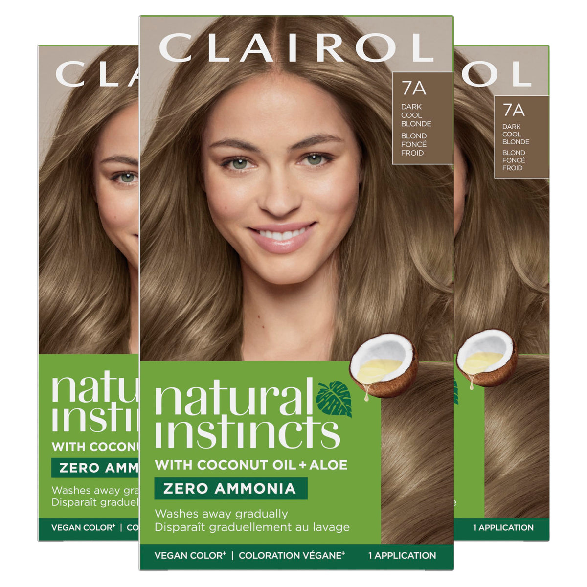 Clairol Natural Instincts 7A front packaging shows product and pack quantity benefit is clarity