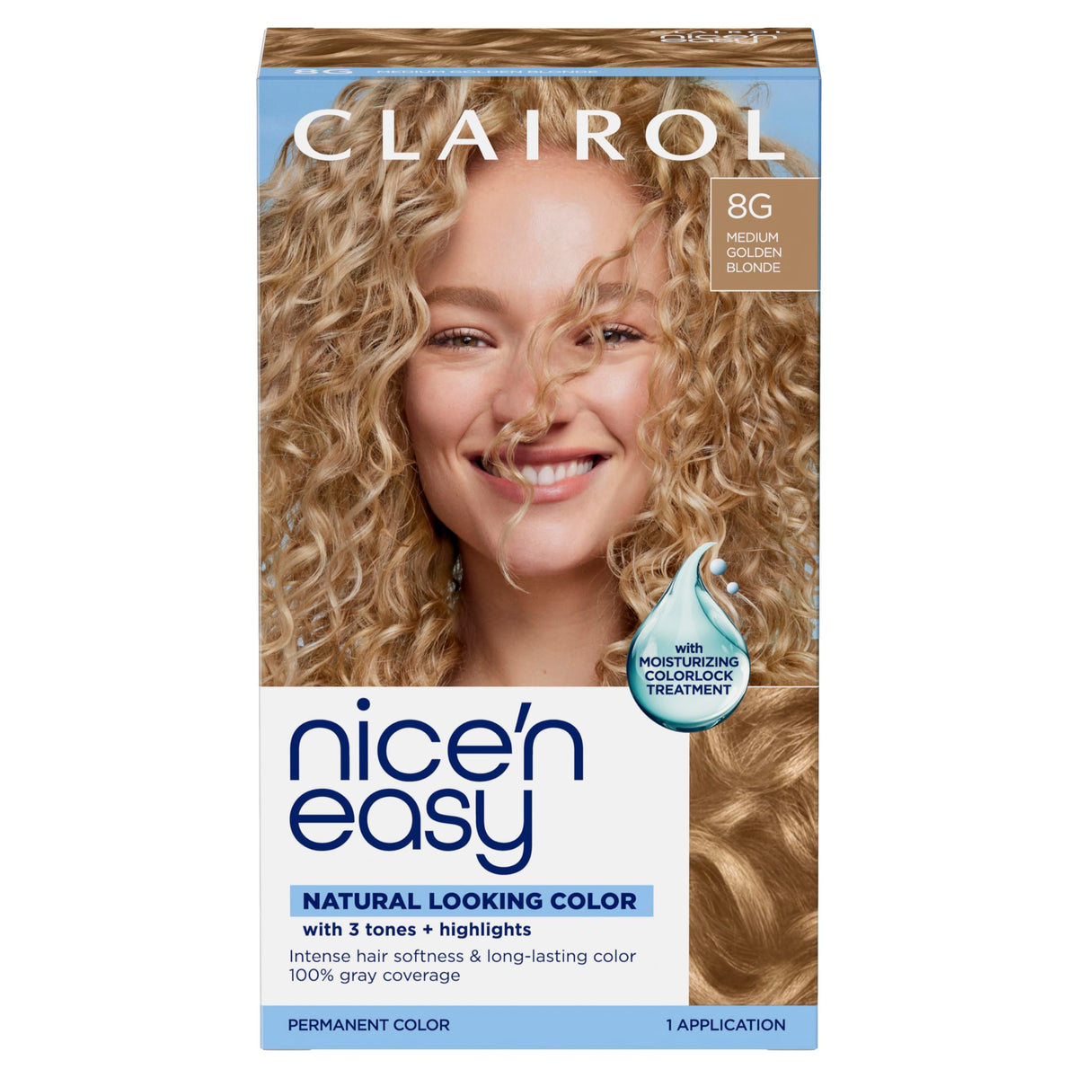 Clairol front package showing 8G Medium Golden Blonde shade and benefits