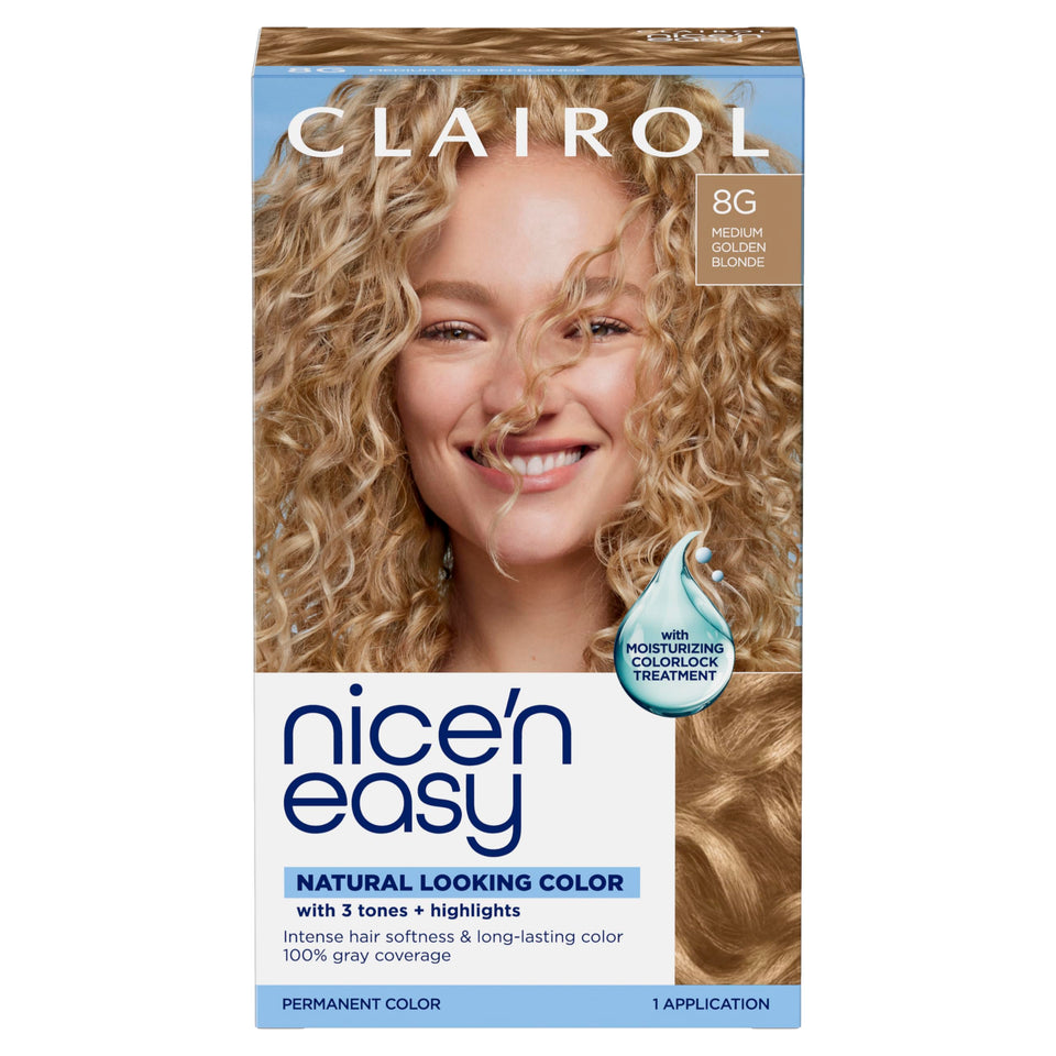 Clairol front package showing 8G Medium Golden Blonde shade and benefits