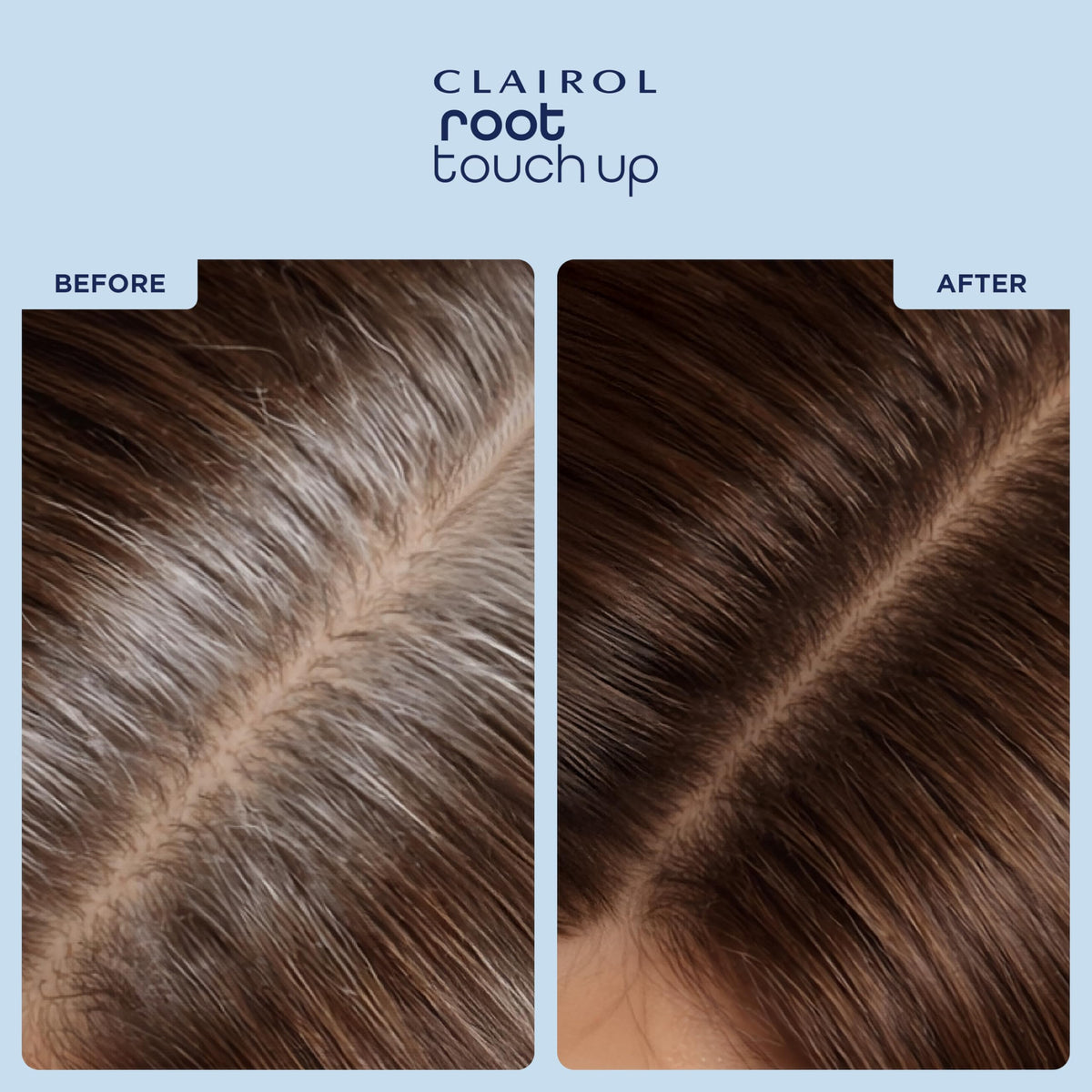 Clairol before and after rootline touch-up showing instant gray concealment benefit