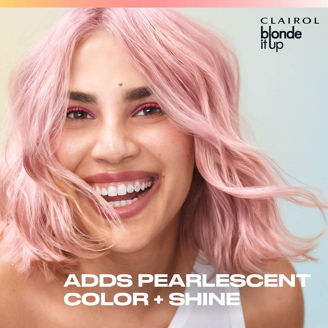 Clairol split image before and after toning showing reduced brass
