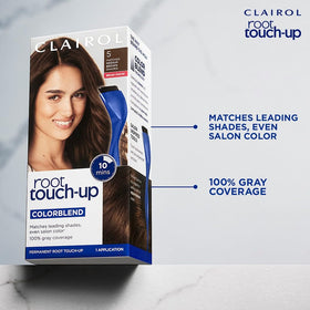 Clairol before and after split view showing blended roots and improved tone