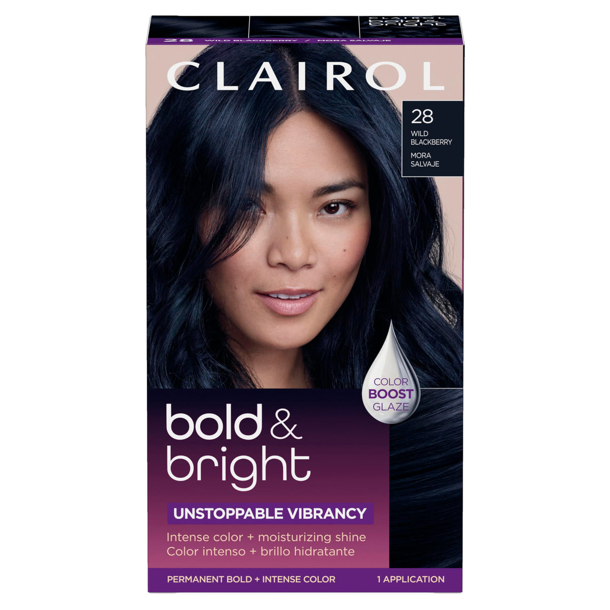 Clairol Bold & Bright front packaging showing Wild Blackberry shade and benefits