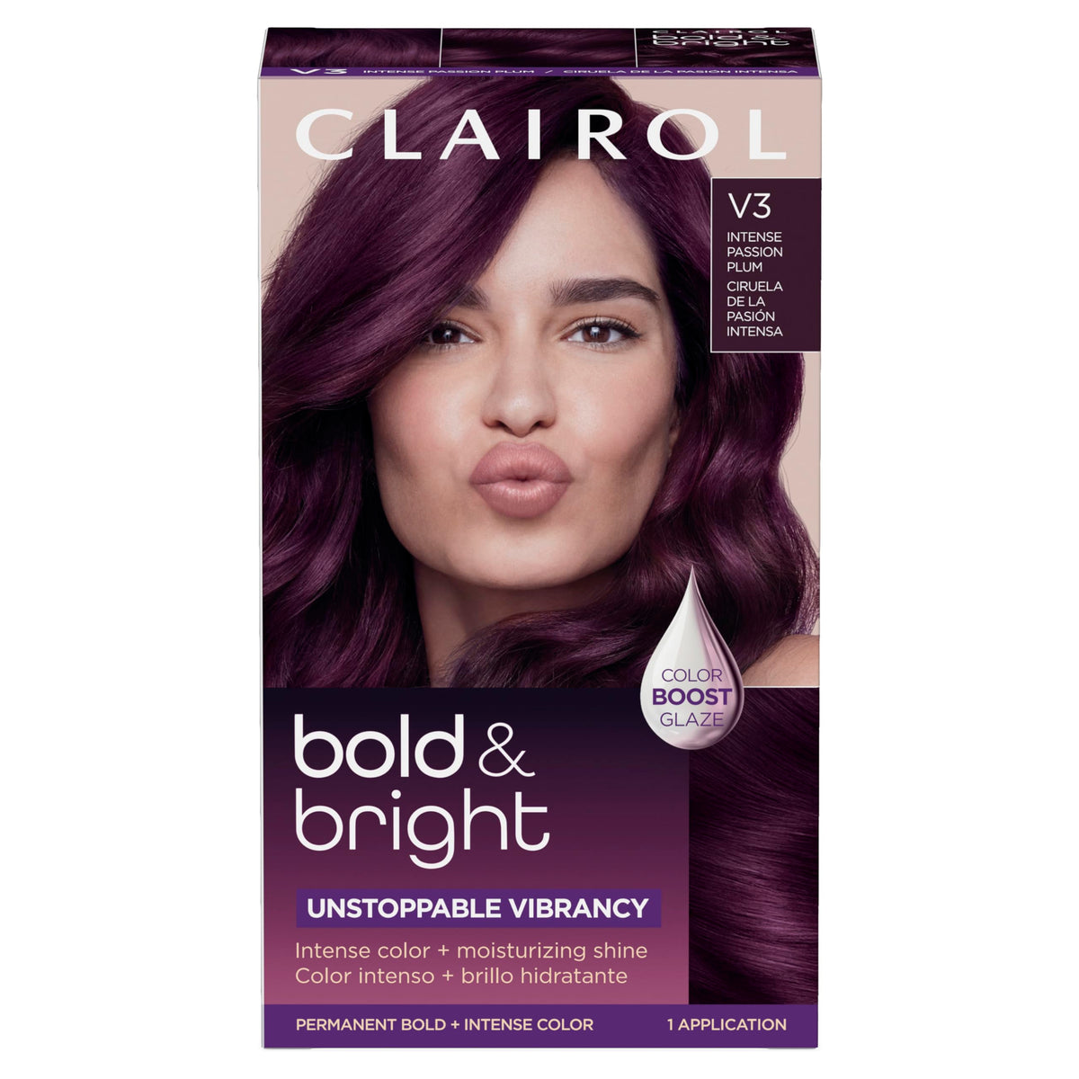 Clairol Bold & Bright front packaging showing intense passion plum shade and benefits