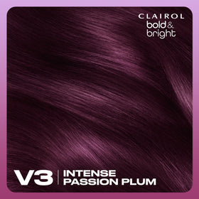 Clairol Bold & Bright shade swatch strands displaying true Intense Passion Plum tone