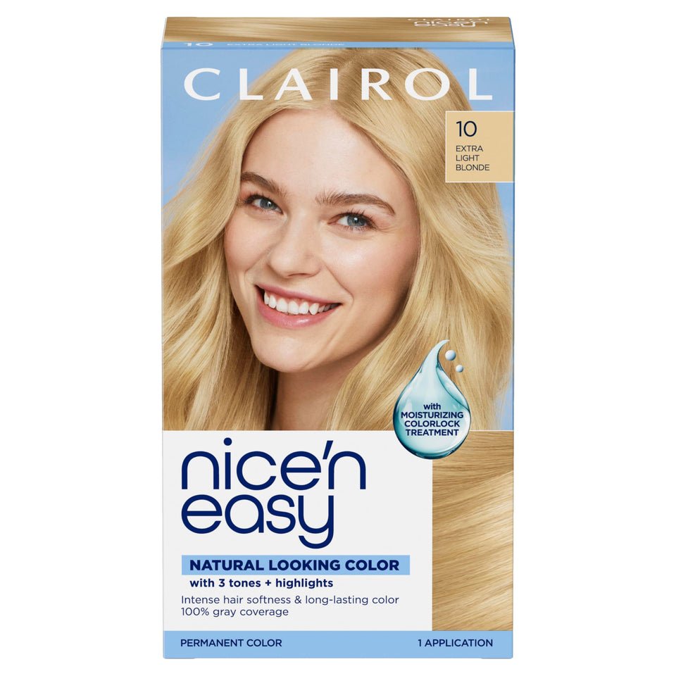 Clairol box front showing 10 Extra Light Blonde and natural dimension benefits