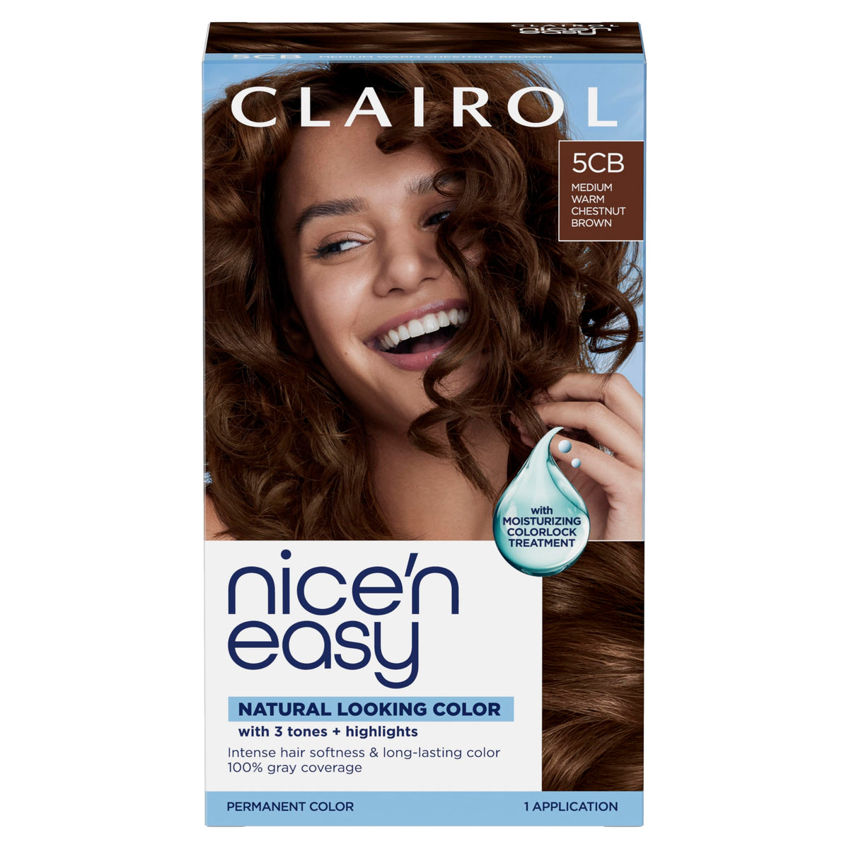 Clairol box front showing 5CB warm chestnut and packaging benefits