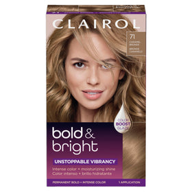 Clairol front packaging showing Caramel Bronde and benefits