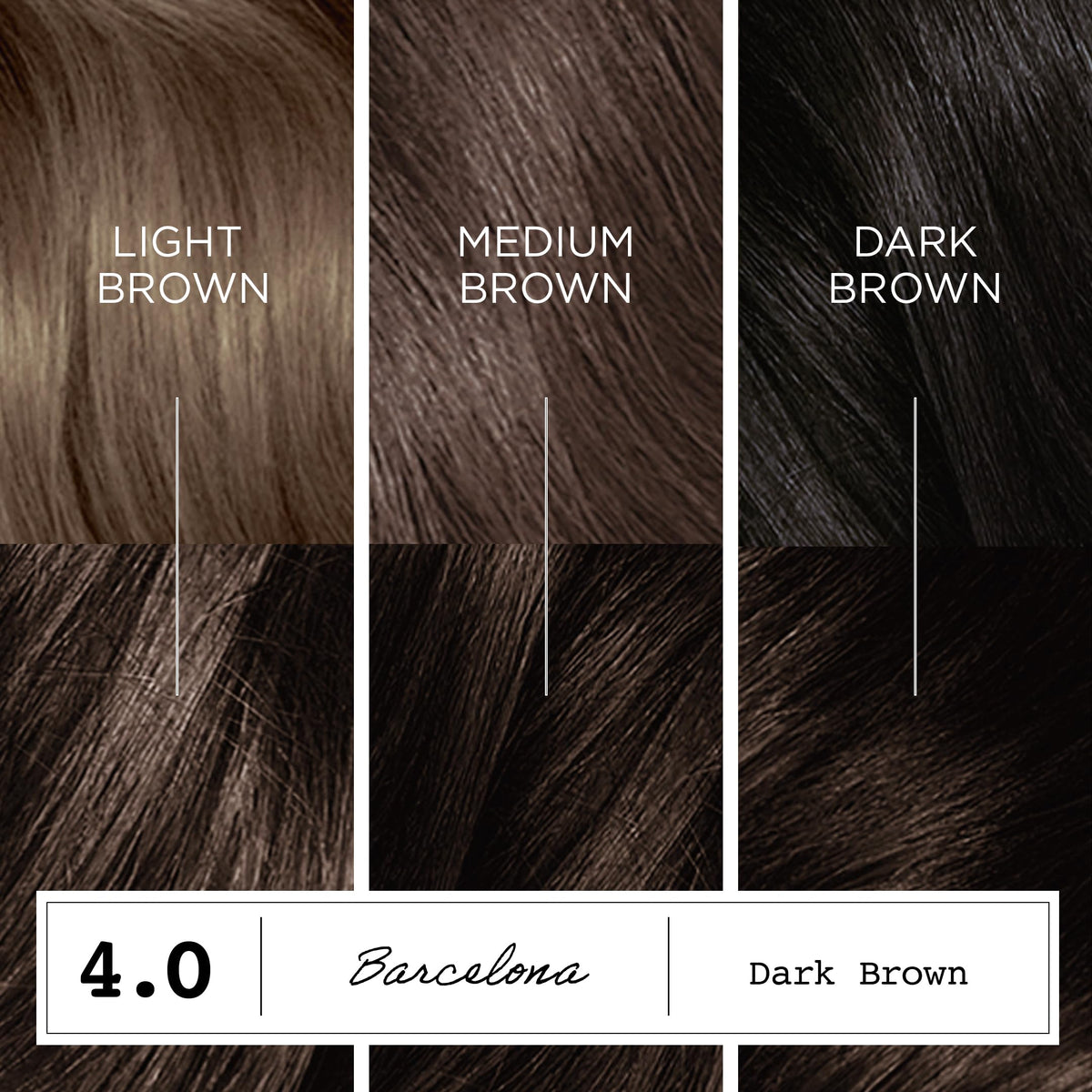 Clairol Barcelona shade swatches showing multidimensional dark brown
