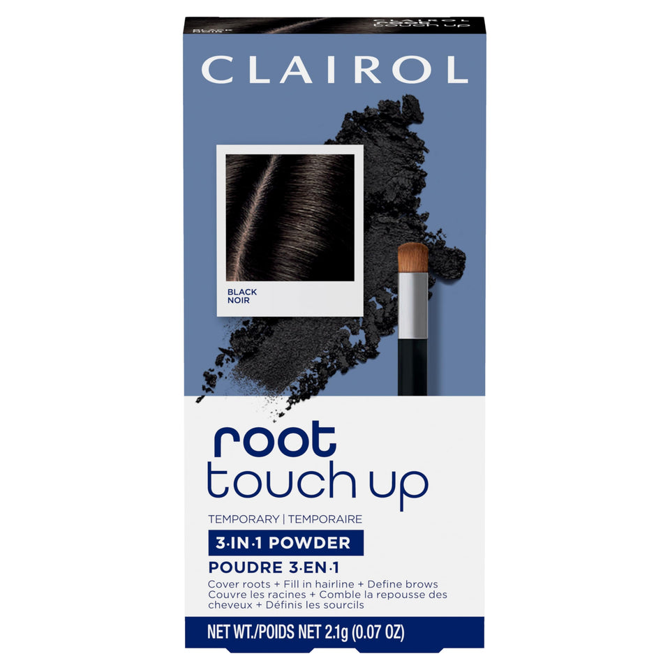 Clairol compact front view showing black powder and sleek case for quick touch-ups