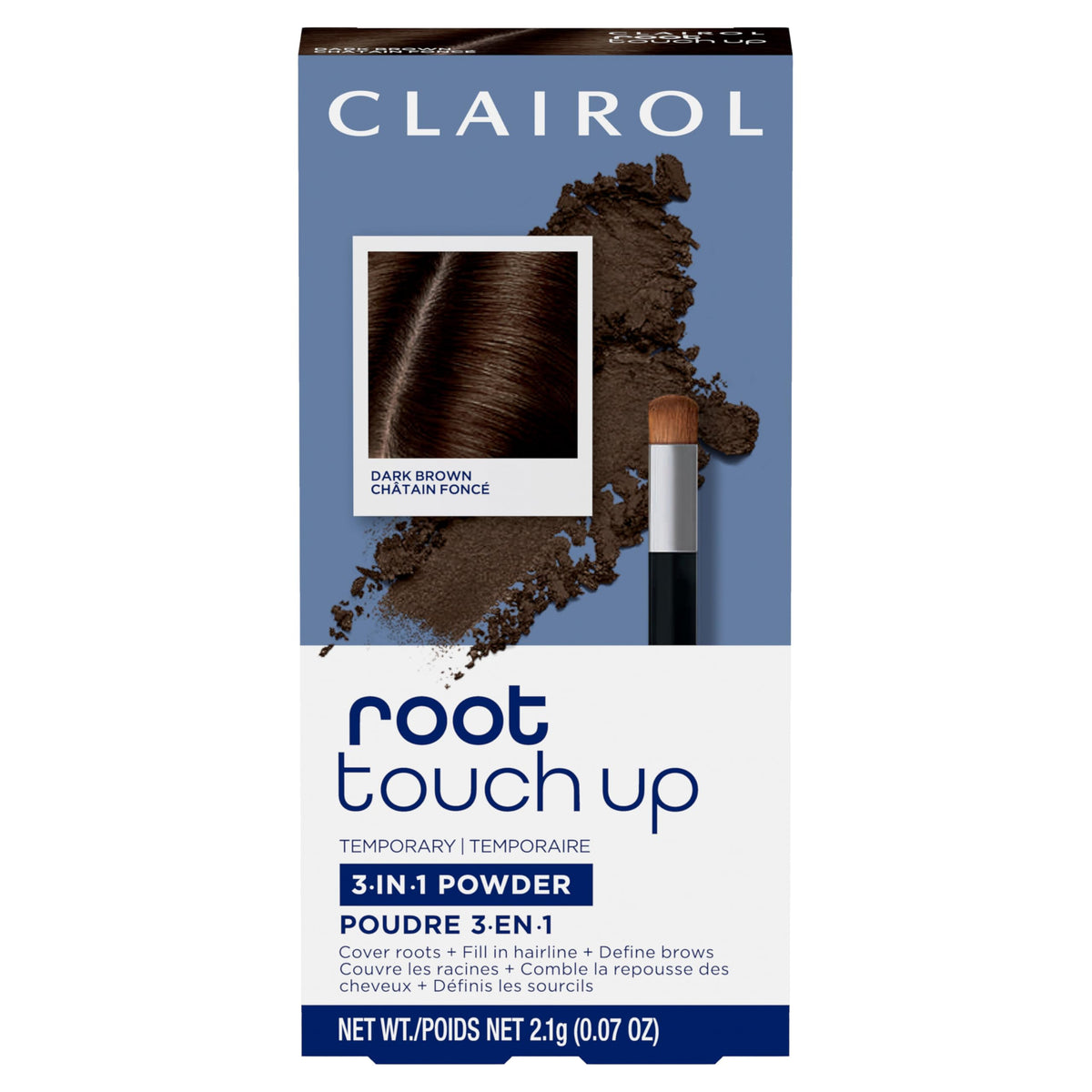 Clairol compact front view showing Dark Brown shade and easy portability benefit