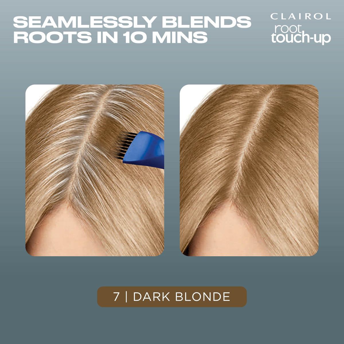Clairol shade 7 dark blonde swatch on a hair strand demonstrating blend benefit