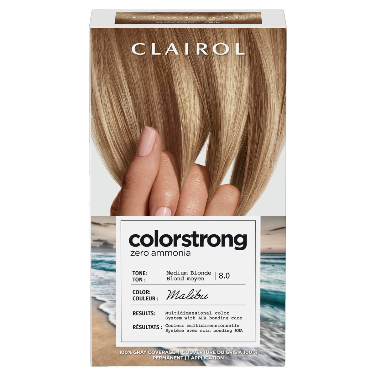 Clairol front box showing medium blonde shade and benefits