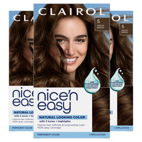 Clairol front box showing Nice'n Easy 5 Medium Brown with clear benefit