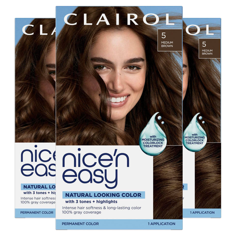 Clairol front box showing Nice'n Easy 5 Medium Brown with clear benefit