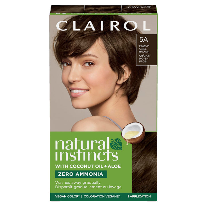 Clairol front packaging showing 5A medium cool brown and kit benefit of natural-looking color