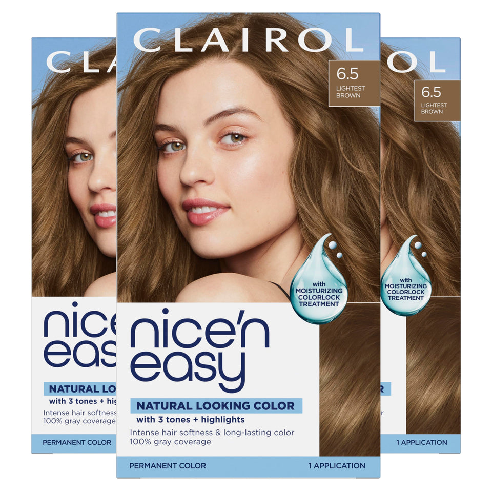 Clairol front packaging showing 6.5 Lightest Brown and pack benefits