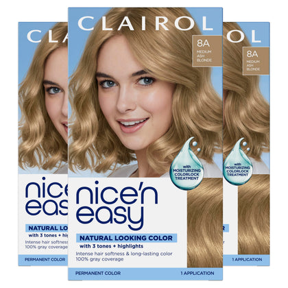 Clairol front packaging showing 8A medium ash blonde and benefits