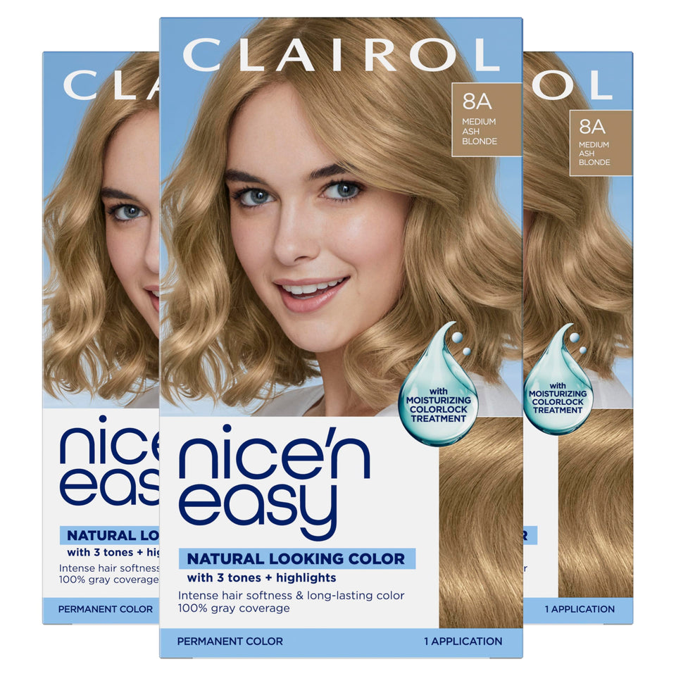 Clairol front packaging showing 8A medium ash blonde and benefits