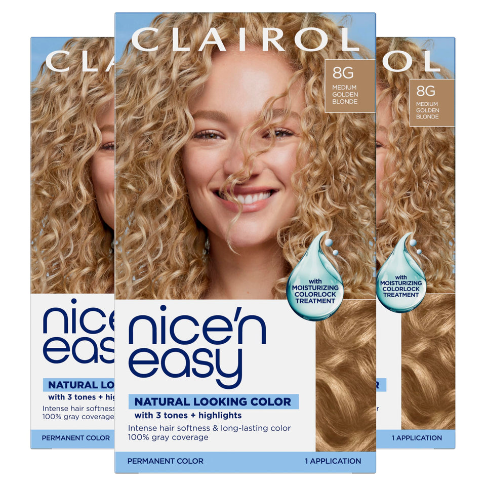 Clairol front packaging 8G Medium Golden Blonde shows product and benefits