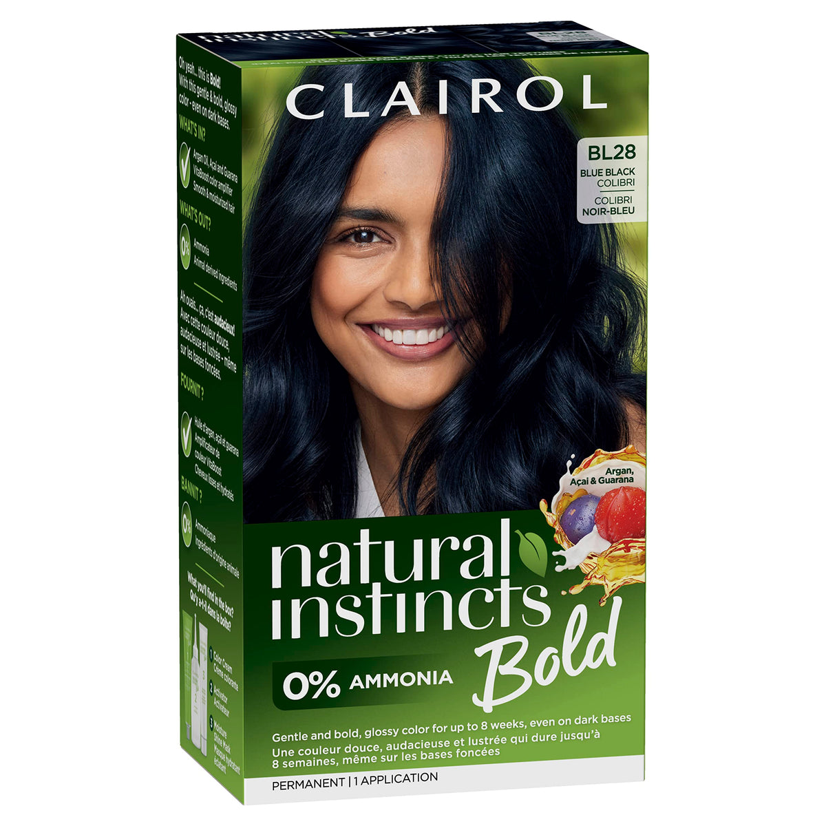 Clairol front packaging BL28 Blue Black Colibri shows bold glossy color benefits