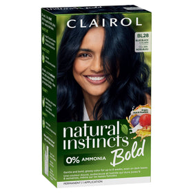 Clairol front packaging BL28 Blue Black Colibri shows bold glossy color benefits