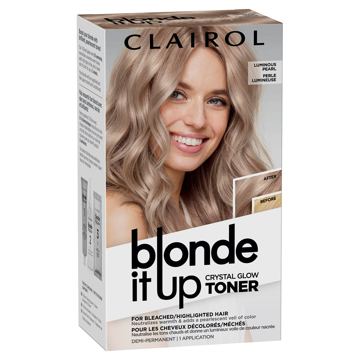 Clairol front packaging showing Crystal Glow toner and benefits