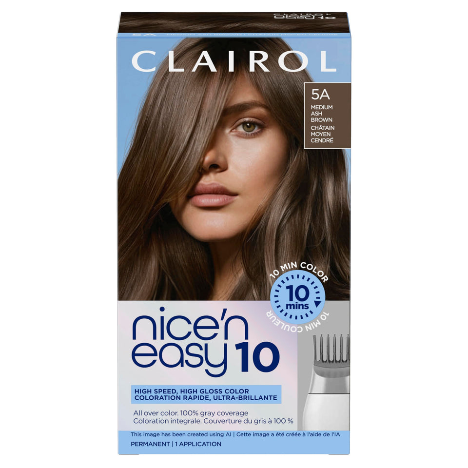 Clairol front packaging shows 5A Medium Ash Brown and quick 10-minute benefit