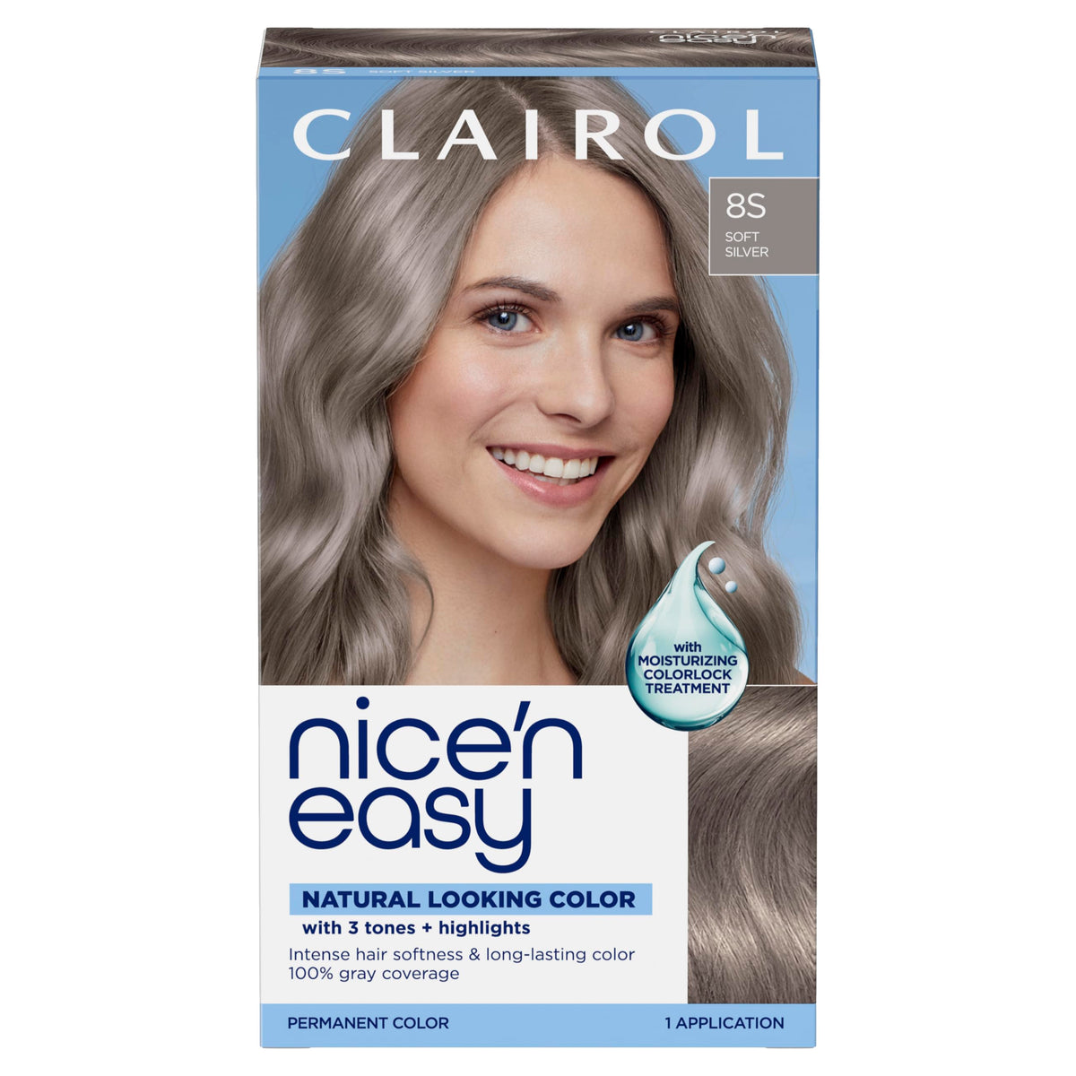 Clairol front packaging showing 8S Soft Silver and benefits