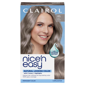 Clairol front packaging showing 8S Soft Silver and benefits
