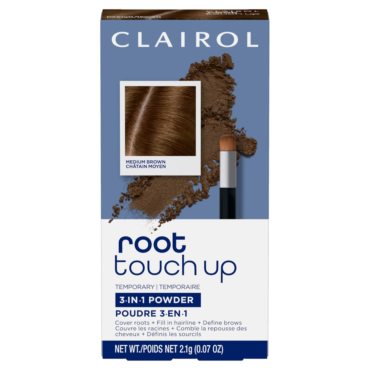 Clairol medium brown compact front view showing sleek travel-ready design and convenience