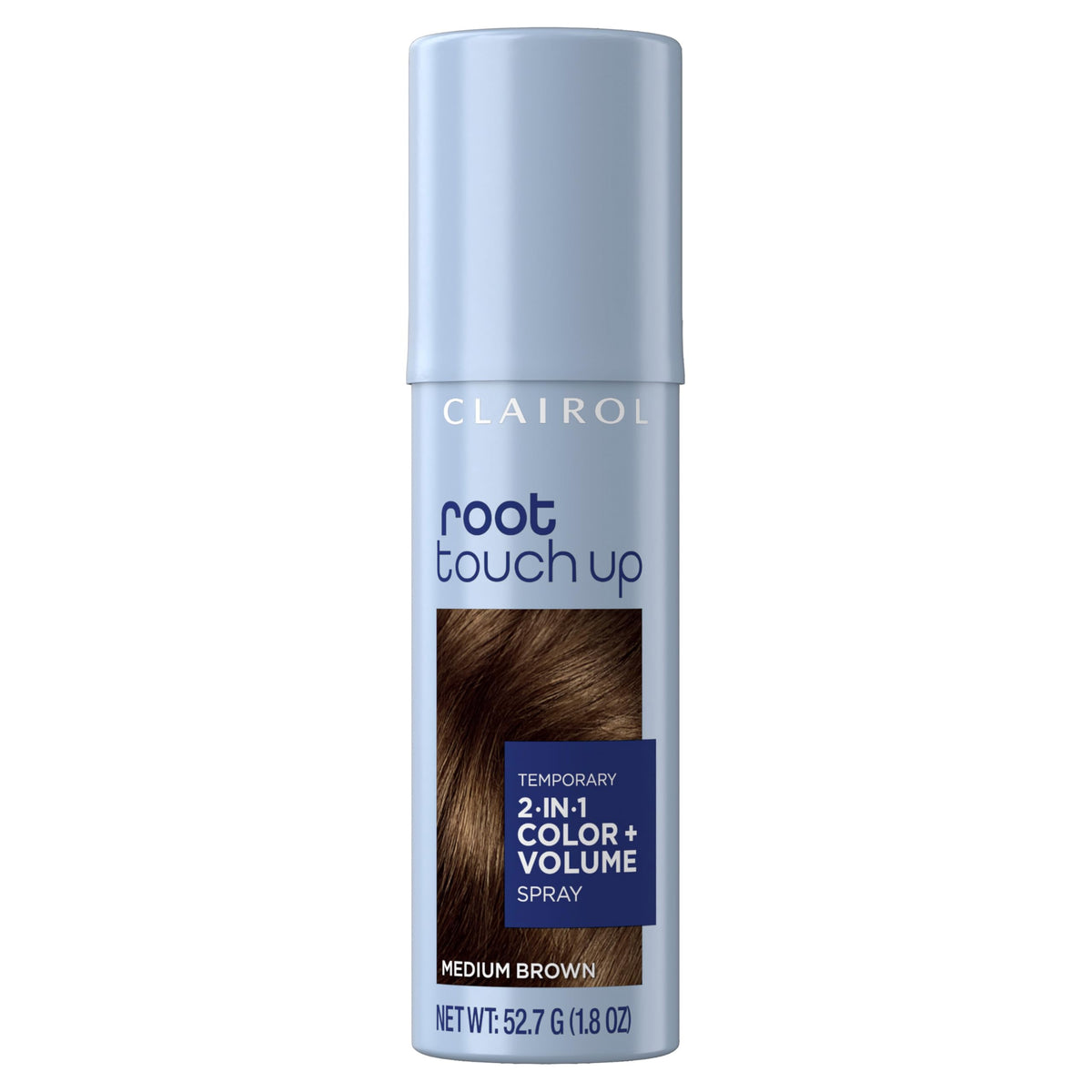 Clairol front package showing medium brown spray and instant coverage benefit