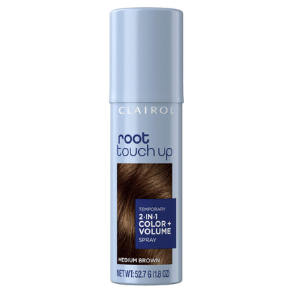 Clairol front package showing medium brown spray and instant coverage benefit