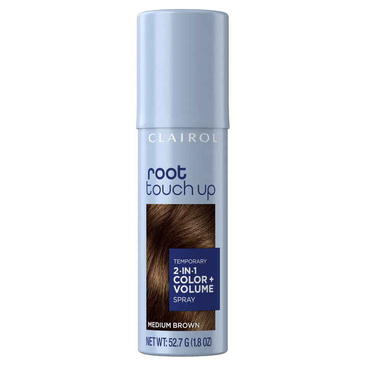 Clairol front package showing medium brown spray and instant coverage benefit