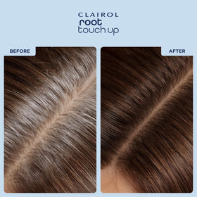 Clairol before and after rootline photo demonstrating instant gray coverage benefit