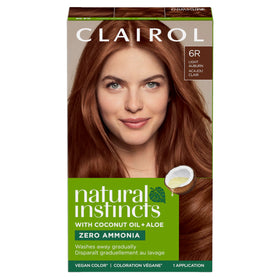 Clairol product front packaging showing shade 6R and warm auburn result