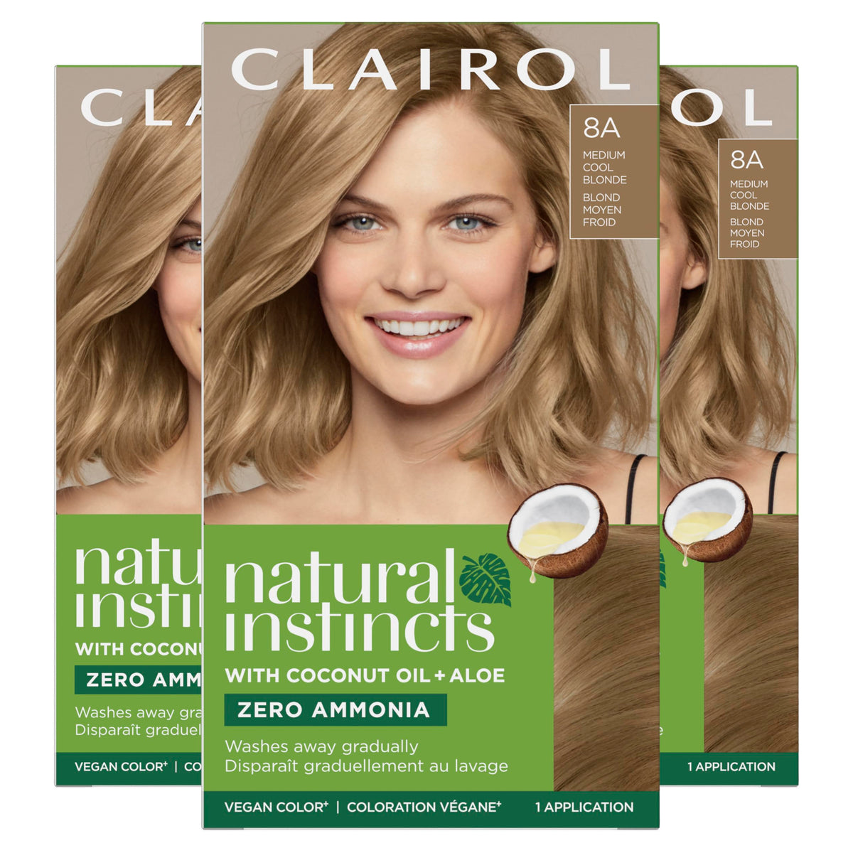 Clairol box front showing Natural Instincts 8A with clear product view and benefits