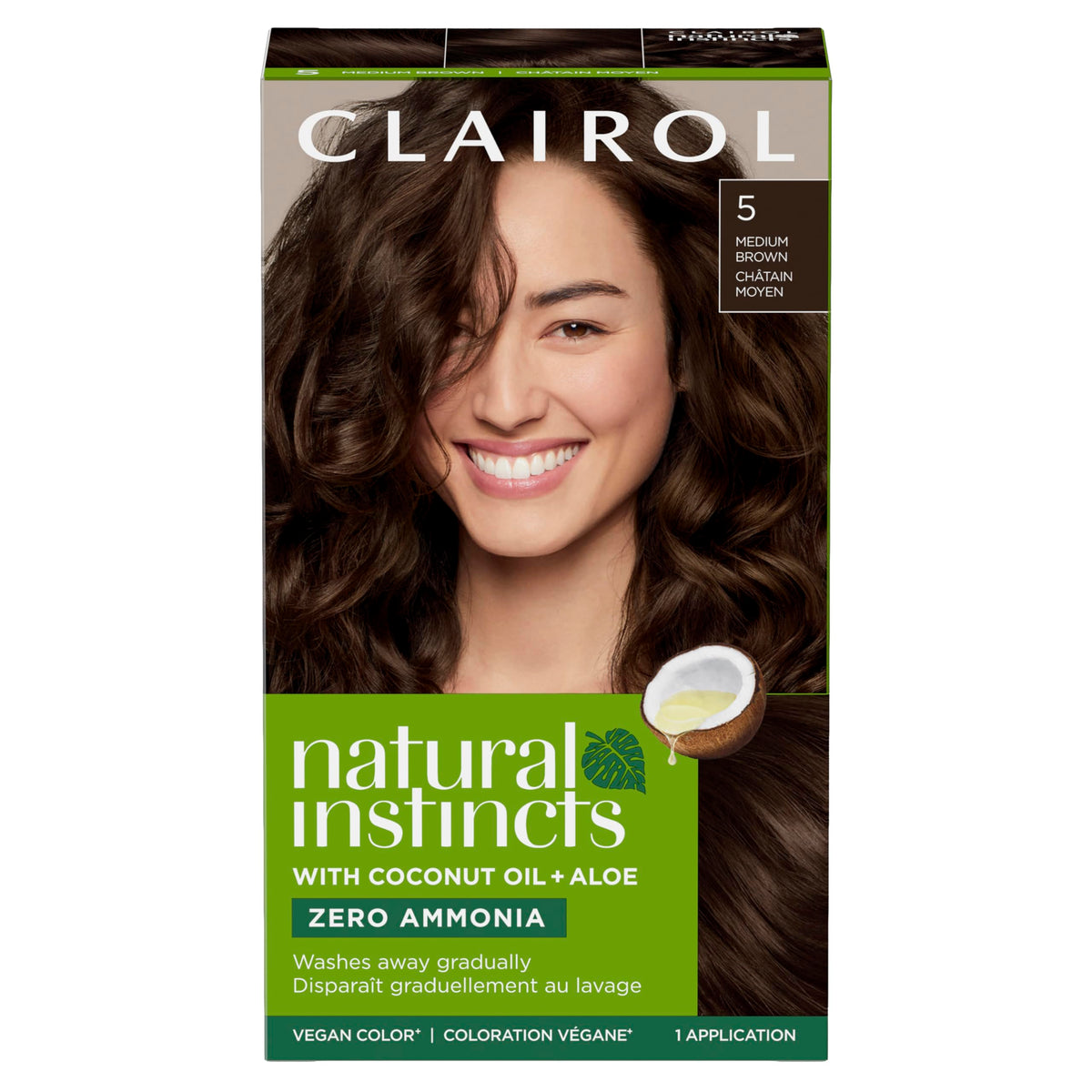 Clairol box front showing Natural Instincts medium brown and benefits