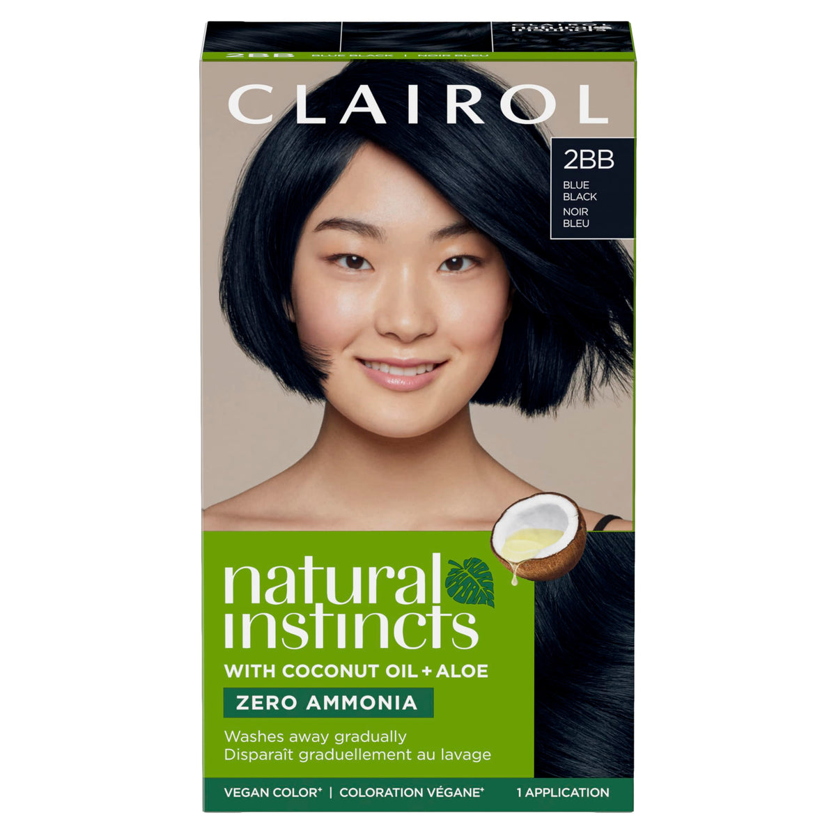 Clairol Natural Instincts front packaging showing shade 2BB and benefits