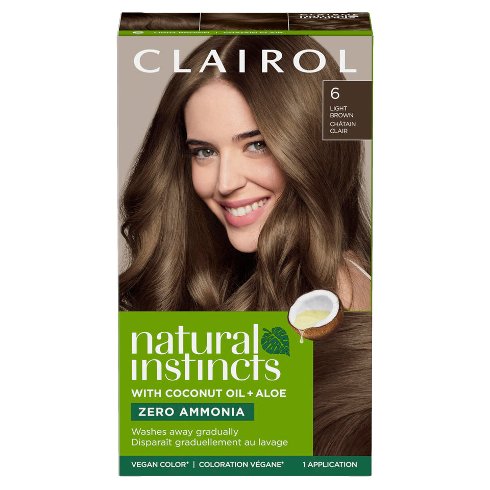 Clairol Natural Instincts front packaging showing 6 Light Brown and key benefits