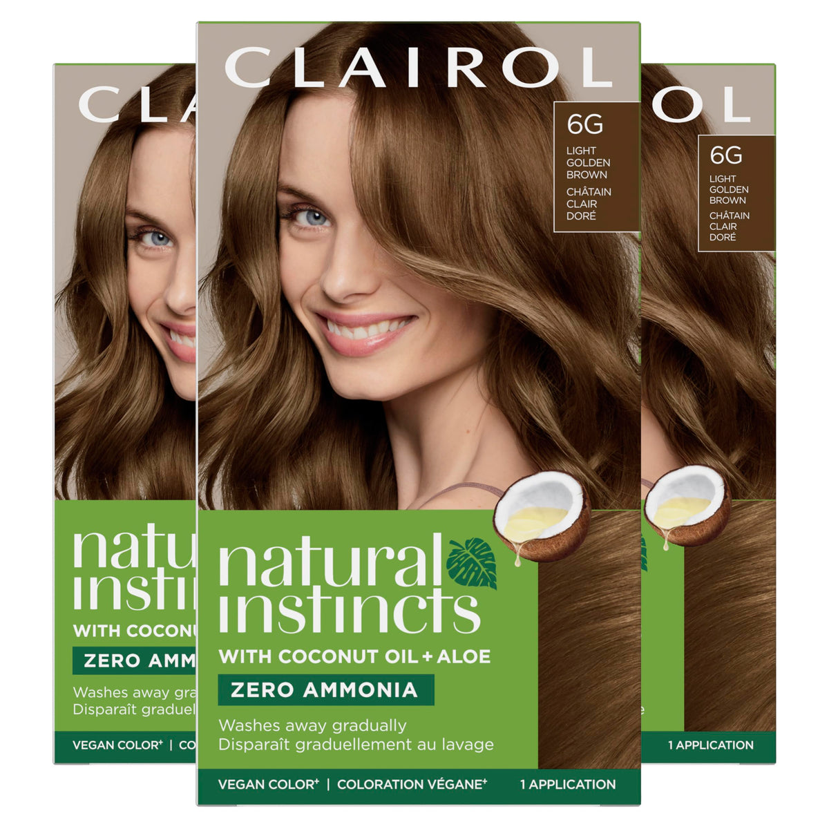 Clairol front packaging showing 6G Light Golden Brown and pack benefits