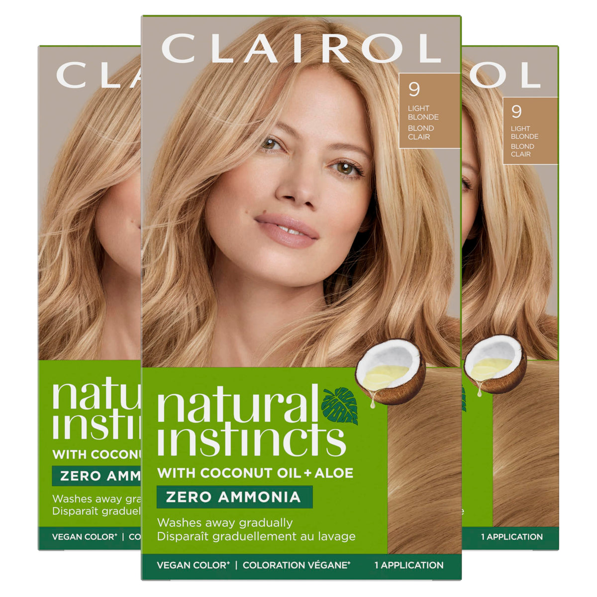 Clairol front packaging displaying 9 Light Blonde shade and benefits