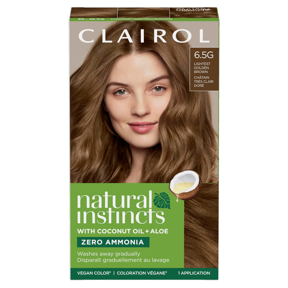 Clairol Natural Instincts front packaging showing warm golden-brown shade and vegan benefit