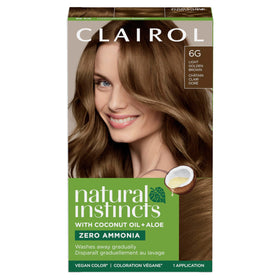 Clairol packaging front view showing Natural Instincts benefits and warm shade