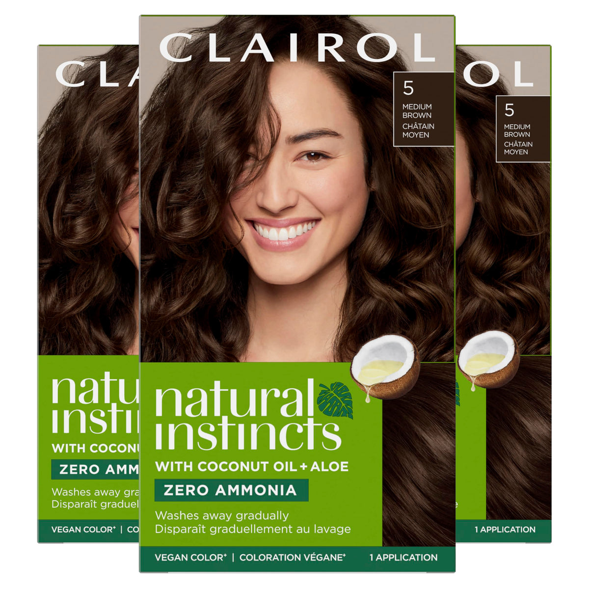 Clairol Natural Instincts front packaging showing medium brown and benefits